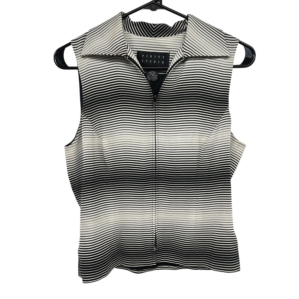 100% Silk Striped Zip Up‎ Sleeveless Blouse 6 Black White Minimalist Officecore